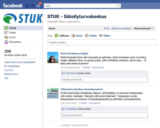 STUK:n Facebook-sivulla ei ollut kriisin aikana kuin ydinvoima-aktivisteja.